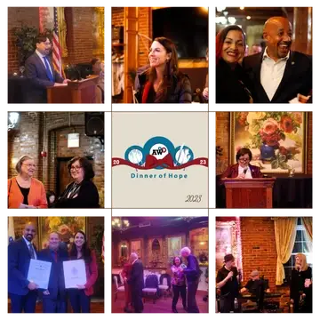 This a collage of pictures of speakers and people who attended the Dinner of Hope 2023 whose banner appears in the center of the collage