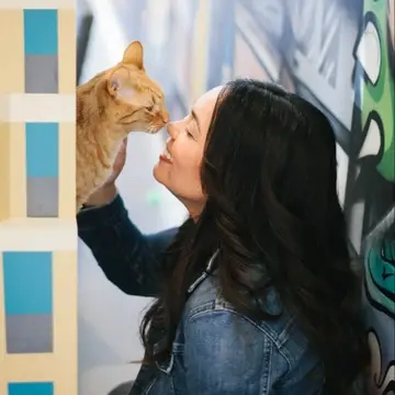 A cat and a guest touch noses to greet one another at Cat Town's Adoption Center.
