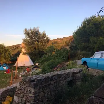 Sunlit view of the back of the Catfarm with white tipi and blue car.