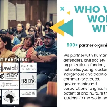 Image of people with the words Who we work with. Spring works with 800+ organizations around the world. Examples include UN Women, FRIDA The Young Feminist Fund, the MacArthur Foundation and more.
