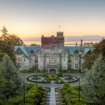 Hatley Castle, on Pacific Oceanfront campus, with views of the Olympic Mountains