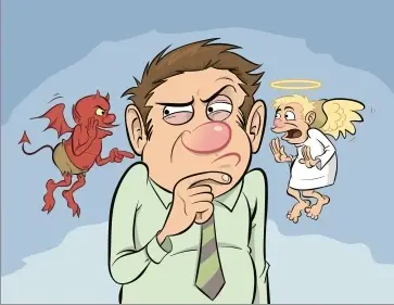cartoon of man thinking with the little devil on the right and angel on the left shoulder