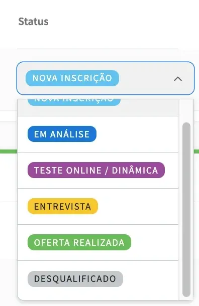 Captura de tela do site do Idealista mostrando as opções de status para candidaturas do Assistente de Recrutamento