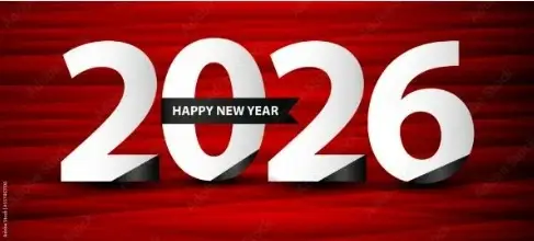 Imagem com um numeral em branco "2026" e uma mensagem "happy new year"
