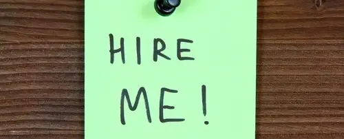 A green note that says 'Hire Me'.