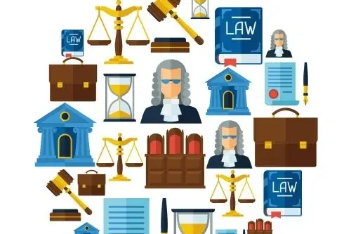 Ilustración con íconos representativos de temas relacionados con la ley