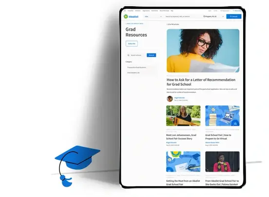 A screenshot on a tablet of Idealist's Grad Resources, a blog with information about graduate education. The screenshot includes article titles and accompanying images.