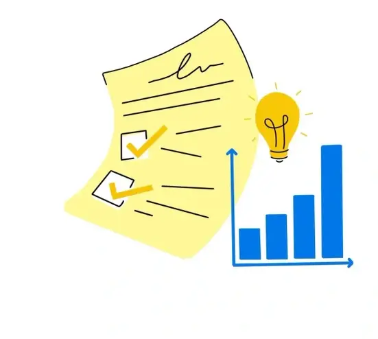 Illustration of a bar graph and a checklist with a lit lightbulb over it.