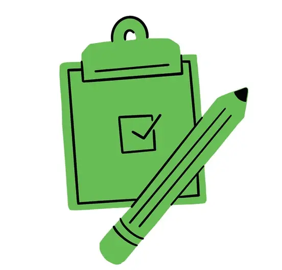 Illustration of a green clipboard and pencil.