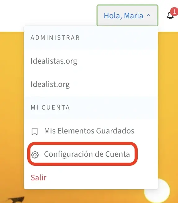 Captura de pantalla de la página de Idealist mostrando cómo acceder a la configuración de una cuenta