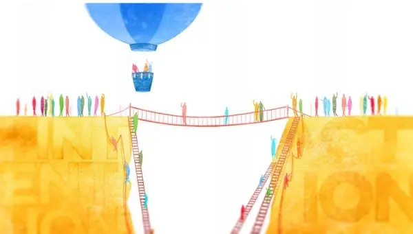 Lots of watercolor figures on either side of a canyon with stairs leading into the canyon, a bridge going across the canyon, and a hot air balloon flying over the canyon.