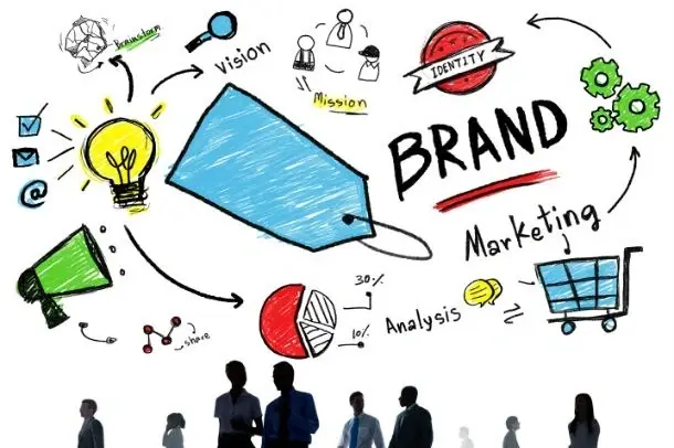 Una ilustración con íconos relacionados con marcas y marketing