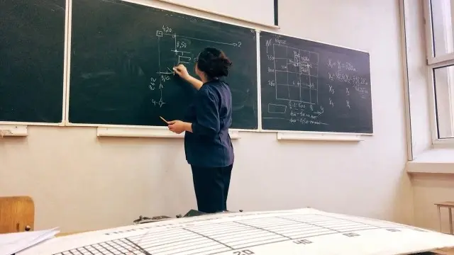 Woman drawing schematics with a chalk on a board
