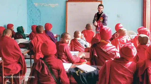 Teaching to Little Buddhist Monks in the Monasteries in Kathmandu Pokhara and Salleri