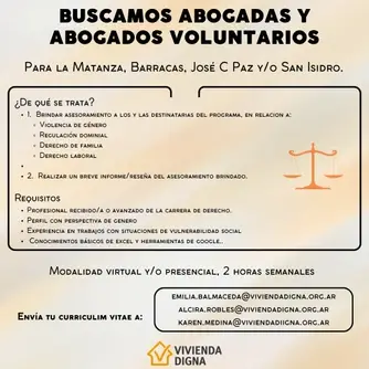 Abogado/a Voluntario/a para La Matanza, Barracas, San Isidro y José C Paz.