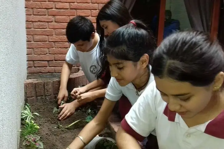 Estudiantes aprendiendo a plantar