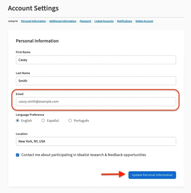 A screenshot of the Idealist website showing where to change your email and click "Update Personal Information."