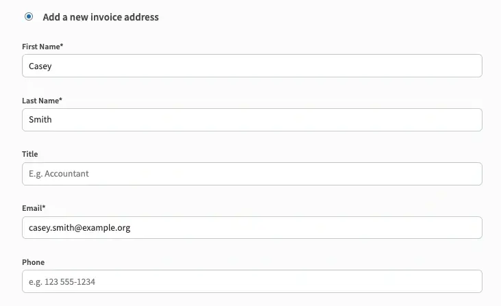 A screenshot of the Idealist website showing how to add a new invoice address.