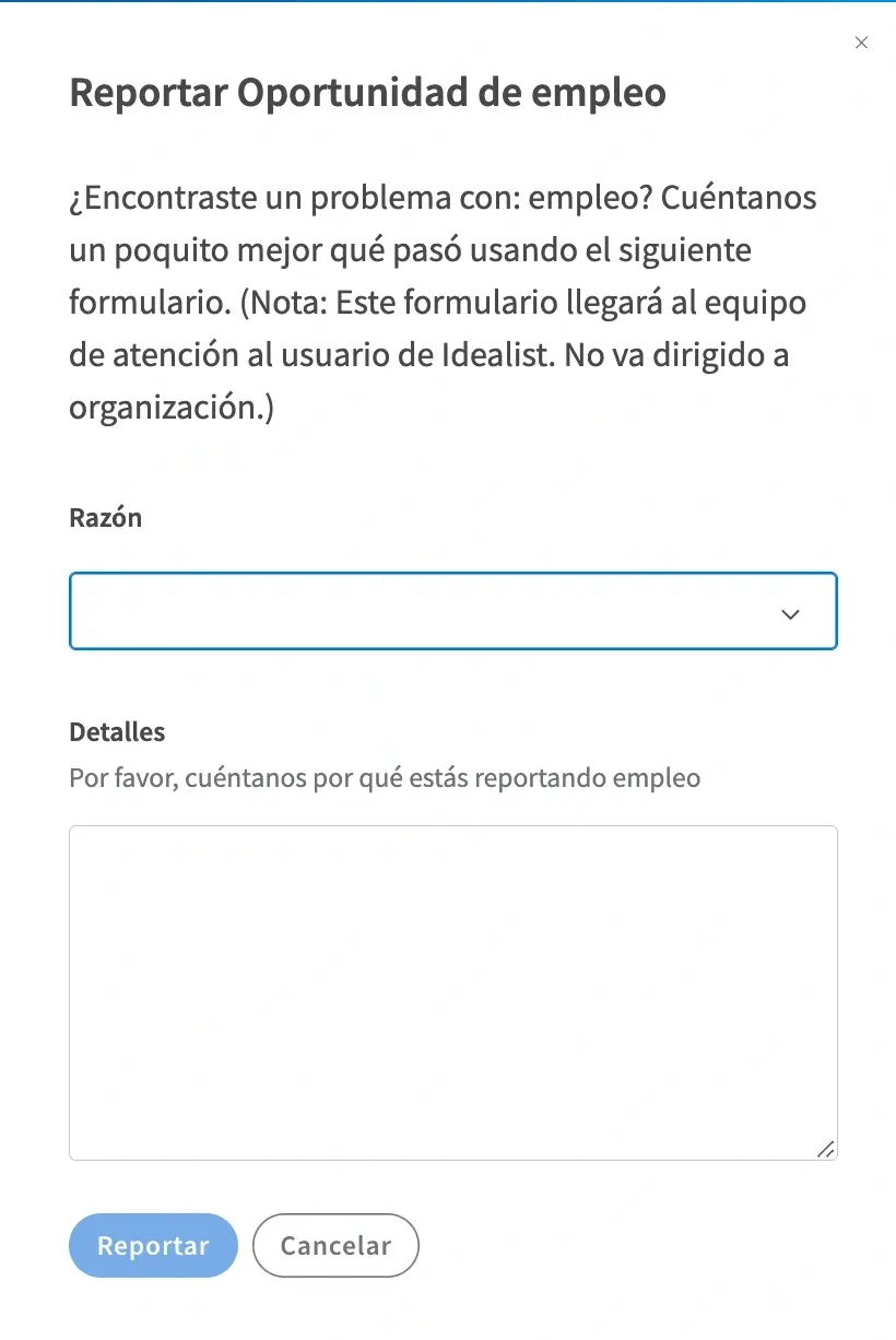 Captura de pantalla del formulario para incluir detalles del aviso u organización reportada