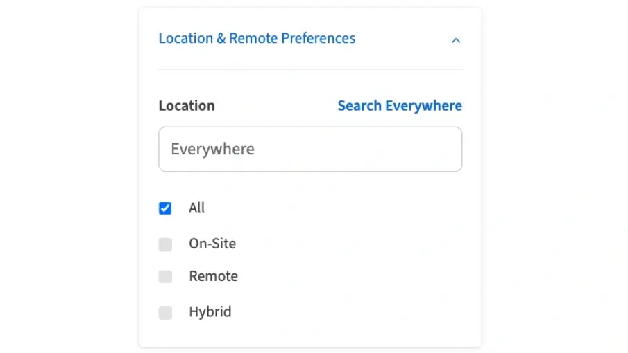 Screenshot of the Idealist website that shows how to set Location & Remote preferences.