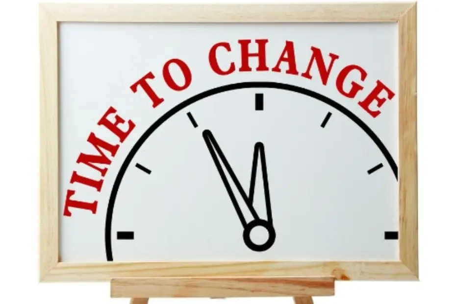 Una ilustración de un reloj y la frase Time to change