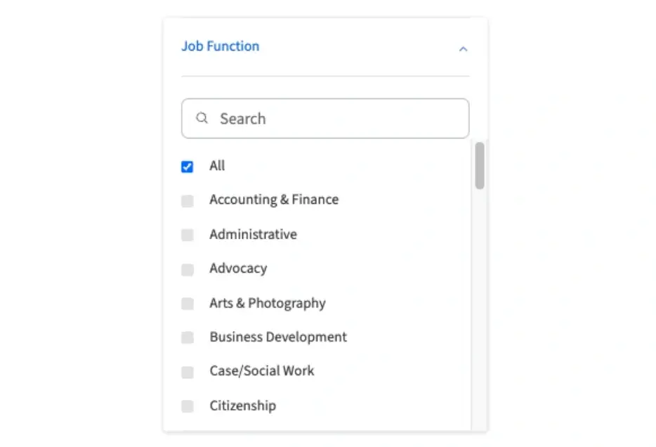 Screenshot of the Idealist website that shows how to filter a search by job function.
