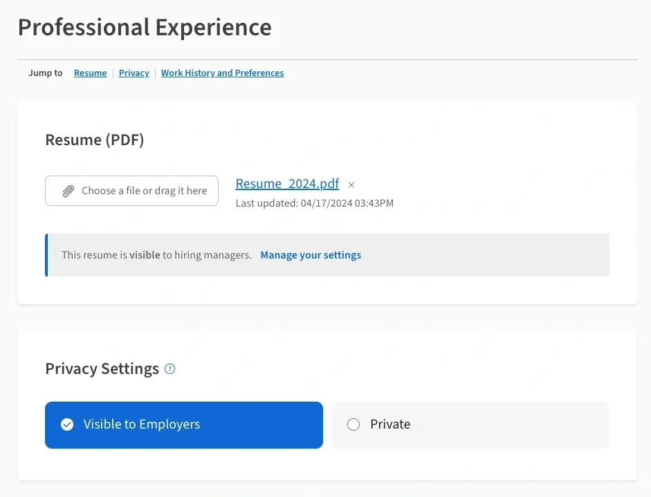 Screenshot of the Idealist website showing where to add a resume to your Professional Experience