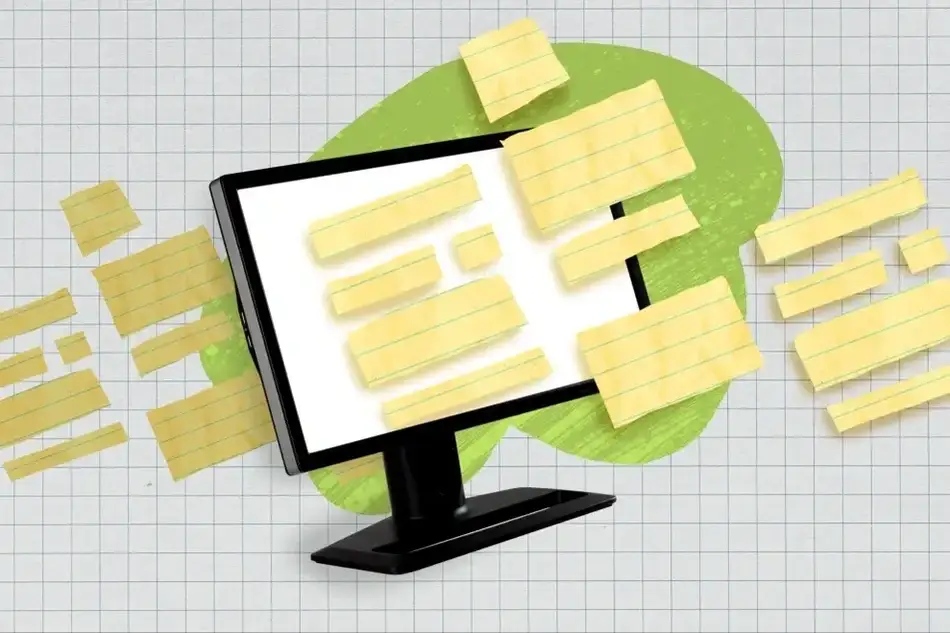 Uma tela de computador em um fundo quadriculado com vários pedaços de papeis pautados