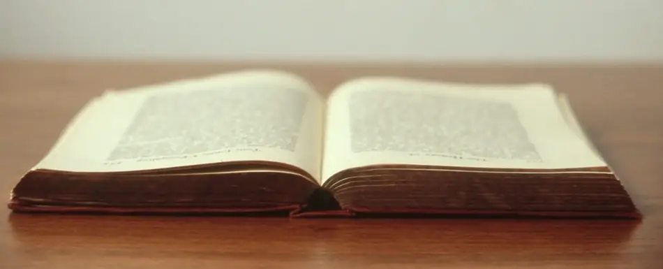 A photograph of an open book sitting atop a brown desk.