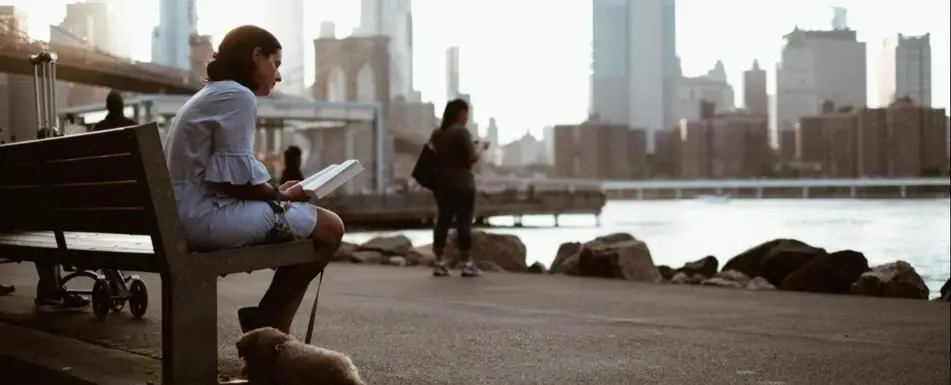 A white woman sits on a bench in Brooklyn, NY reading a book while a little dog sits at her feet.