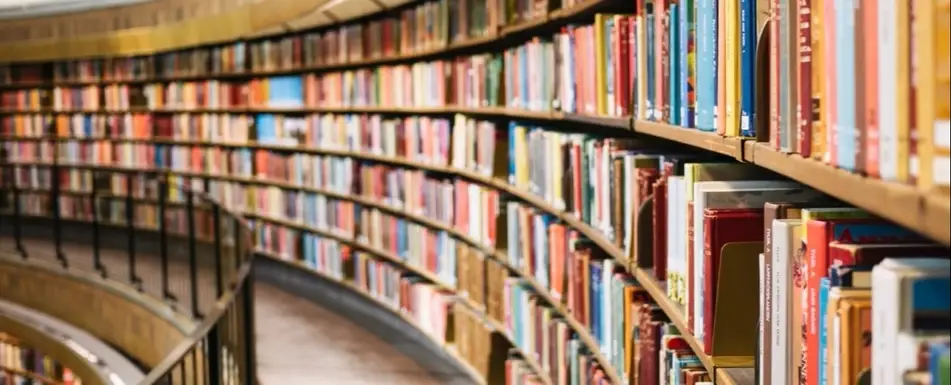 Wide shot of a school library.