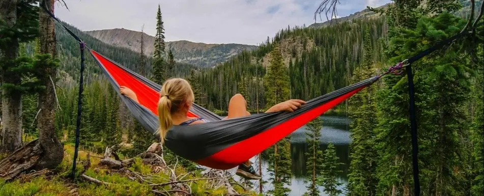 A person lying in a hammock in the middle of a forest.
