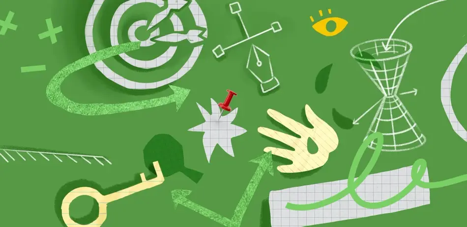 Green illustration with no copy, featuring green and white doodles of keys, paper, and arrows.