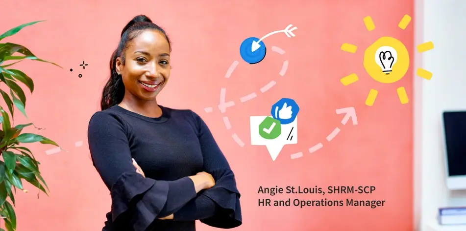 A photograph of Angie St.Louis, Idealist's HR and Operations Manager, standing in front of a light pink background in an office with doodles of a sun, blue target, green checkmark, and arrows around her body.