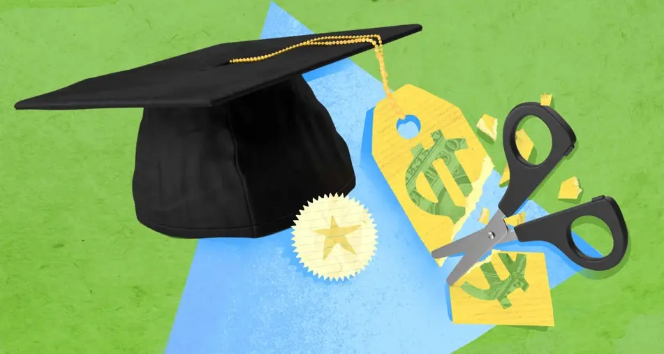 An illustration of public service loan forgiveness, with a graduation cap, a price tag, and a pair of scissors.