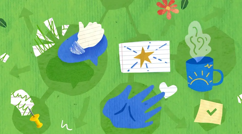 An abstract illustration of paying it forward, with blue doodles of hands, mugs, a thumbs up, and post it notes on a green background.
