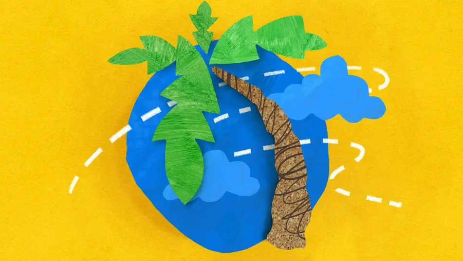 An illustration of a world with a palm tree in front of it, on a bright yellow background.