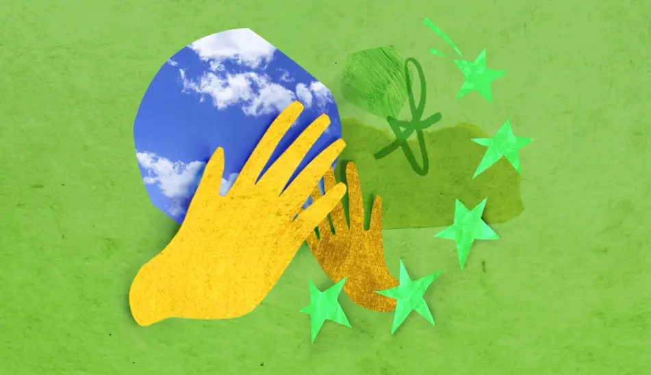 An abstract illustration of two yellow hands high-fiving each on a bright green background. There are doodles of light green starts and blue and white clouds to represent giving compliments to your co-workers.