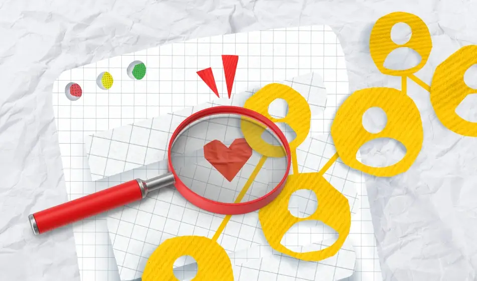 An abstract illustration with a red magnifying glass, red heart, yellow profiles, and grid paper.