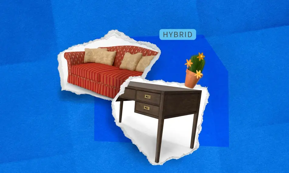 The word 'Hybrid' above an illustration of half a couch and half a desk with a cactus on it.