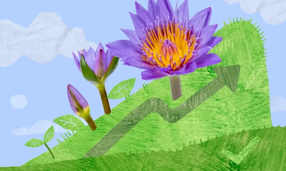 Purple flowers on an illustrated green hillside, with shoots popping out and blue paper clouds in the background.
