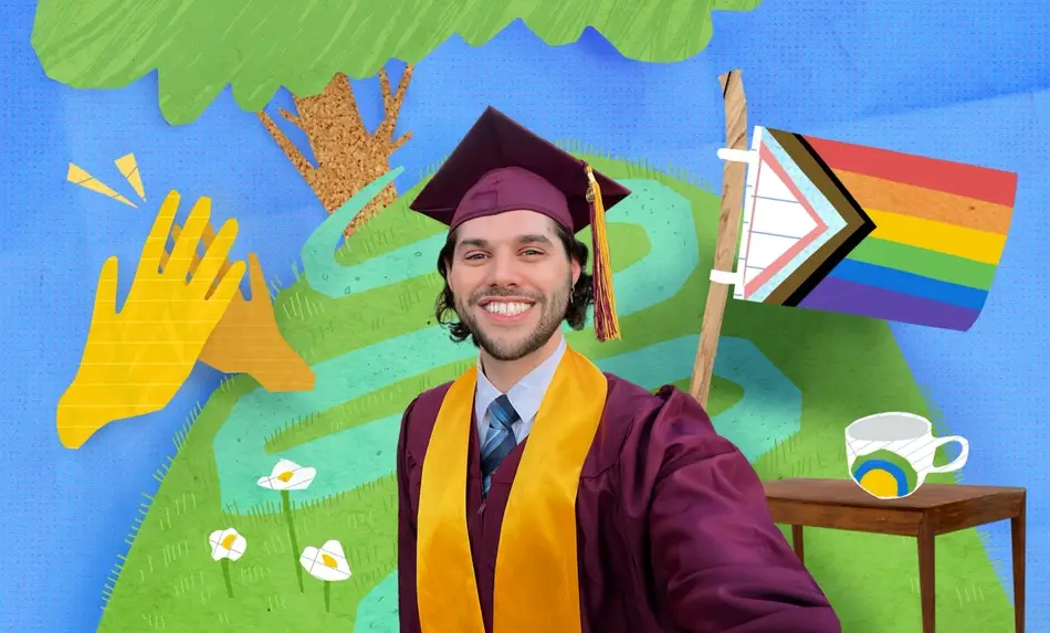 A photograph of David Bier, Idealist's Social Media Specialist, in college graduation attire on top of a bright blue background with illustrations of flowers, trees, yellow hands, and an LGBTQ+ flag.