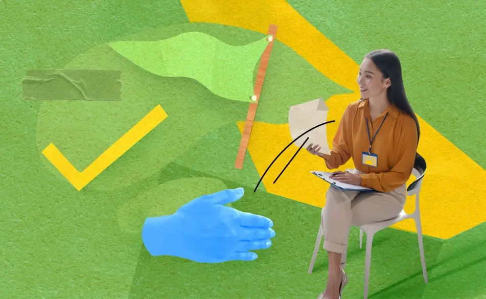 Illustration of an Asian woman sitting in a chair with abstract doodles of a green flag, yellow checkmark, and blue hand.