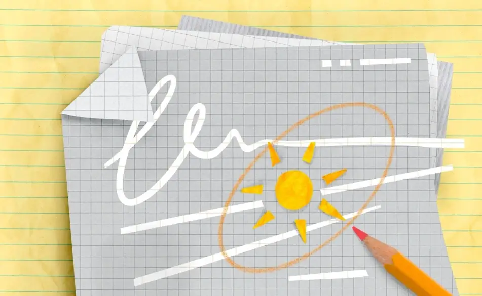 Imagem de folhas de papel, com um sol, e de um lápis laranja