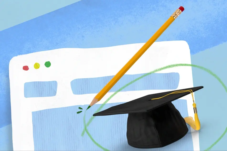 An illustration of a web browser, a pencil and a gradation cap.