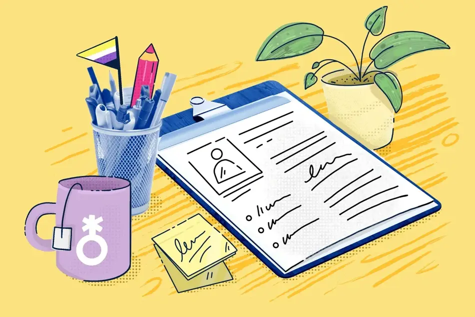 An illustration of a resume, cup of pens, a nonbinary flag, and a mug with the gender nonconforming sign.