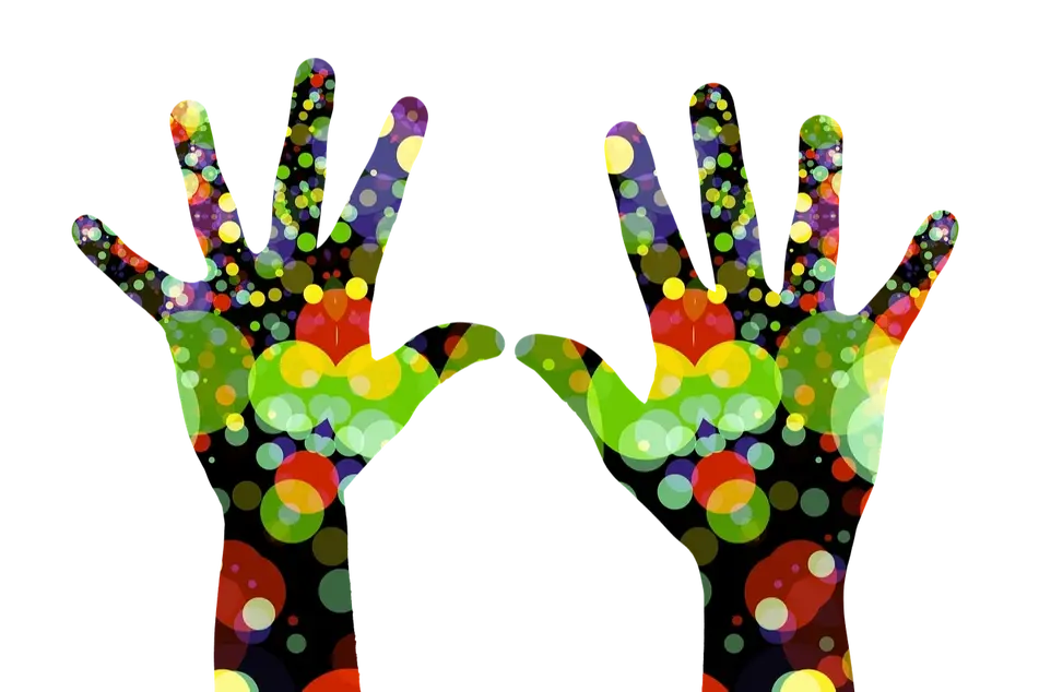 ilustración de manos con puntos de colores