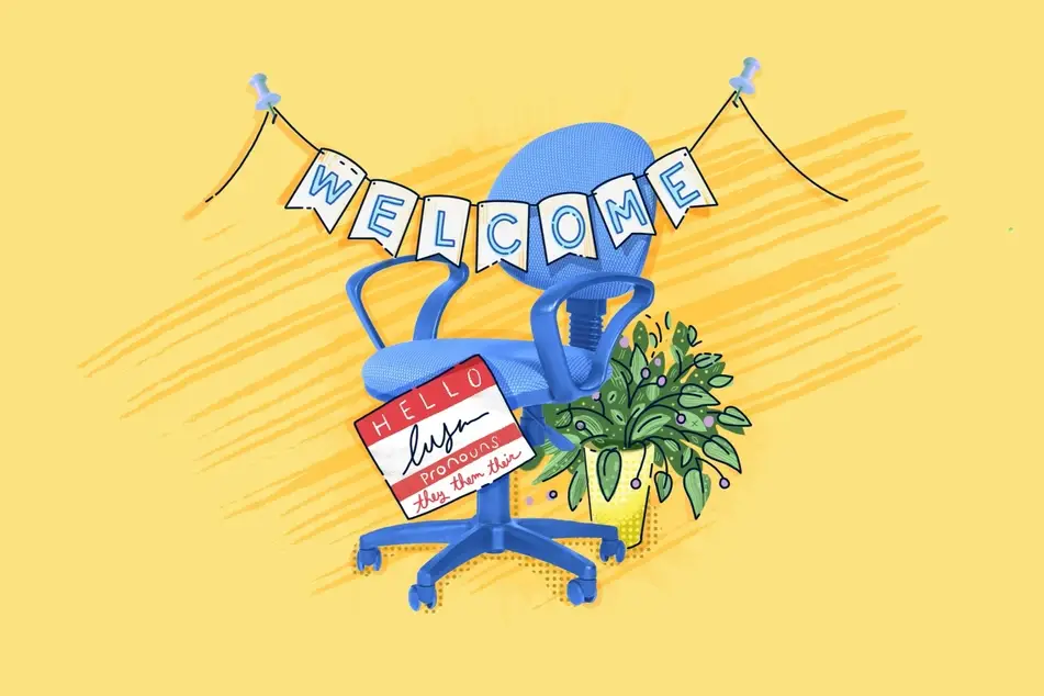 An illustration of a blue office chair on a yellow background, with a name tag, a sign that says 'welcome,' and a lush, green plant.