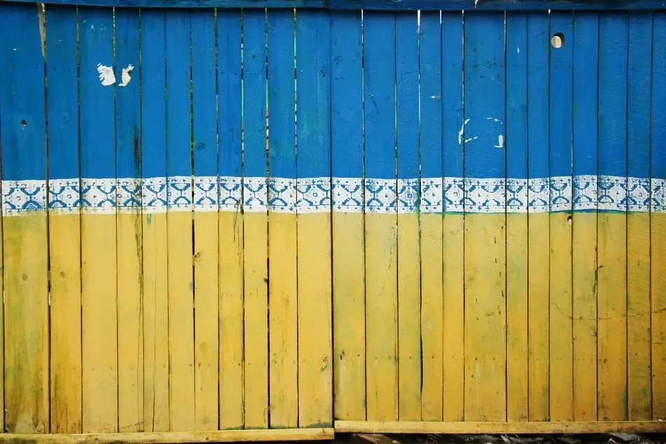 A wooden fence painted half blue and half yellow.