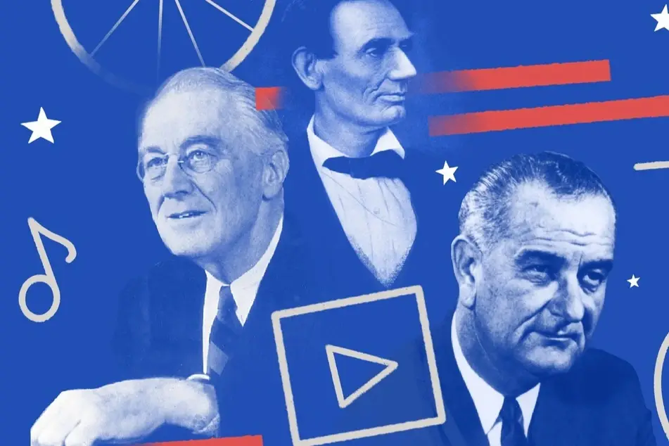 An illustration of three former US presidents (Lincoln, Johnson, FDR) with doodles on a dark blue background.